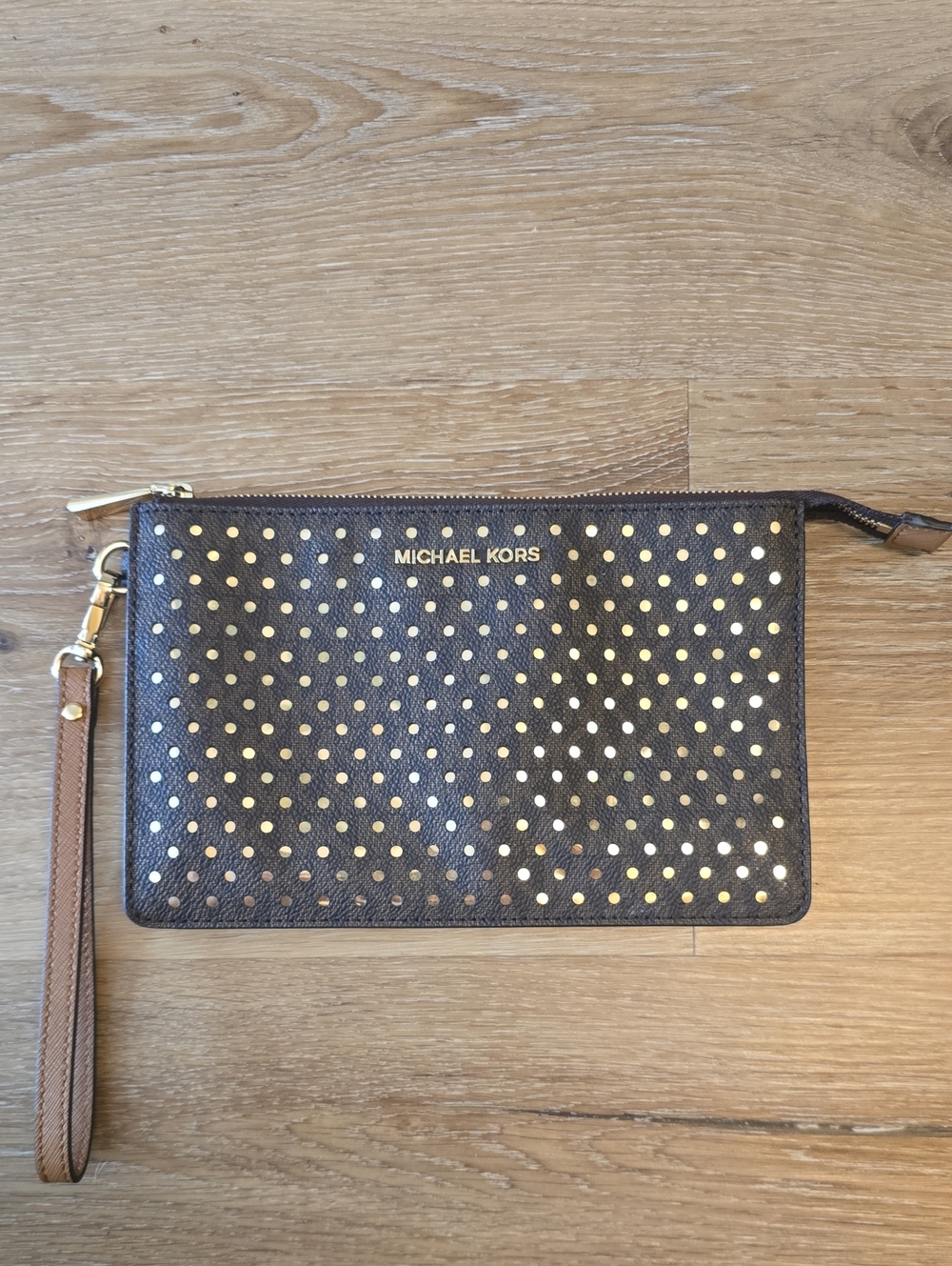 Michael Kors Chocolate Brown Wristlet with Gold Detailing